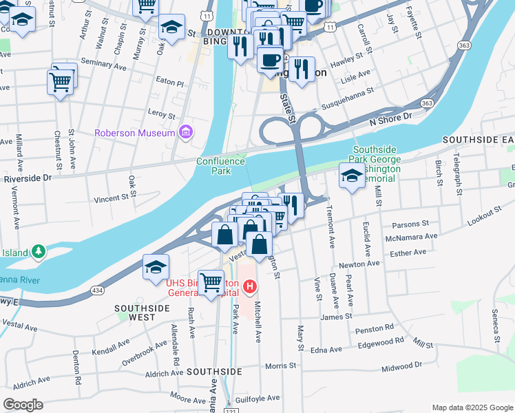 map of restaurants, bars, coffee shops, grocery stores, and more near 22 Conklin Avenue in Binghamton