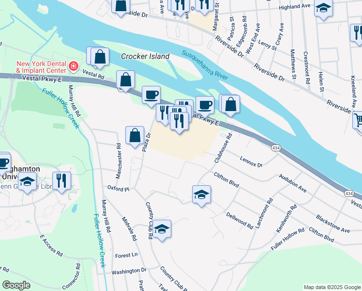 map of restaurants, bars, coffee shops, grocery stores, and more near 4700 Vestal Parkway East in Vestal