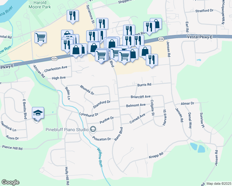 map of restaurants, bars, coffee shops, grocery stores, and more near 333 Fordham Road in Vestal