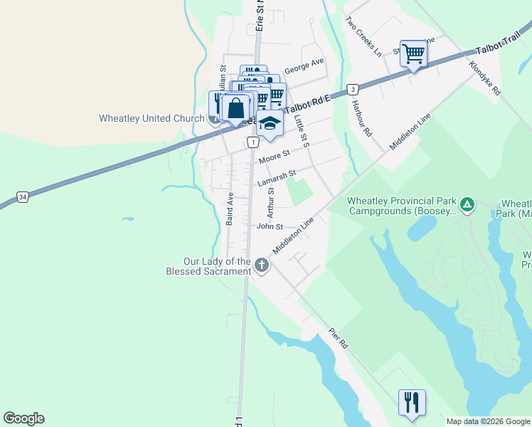 map of restaurants, bars, coffee shops, grocery stores, and more near 122 Arthur Street in Chatham-Kent