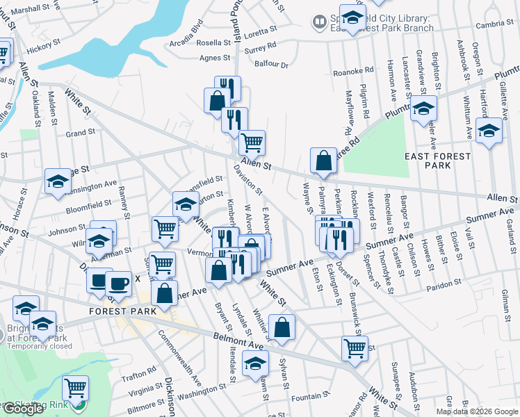 map of restaurants, bars, coffee shops, grocery stores, and more near 104 East Alvord Street in Springfield