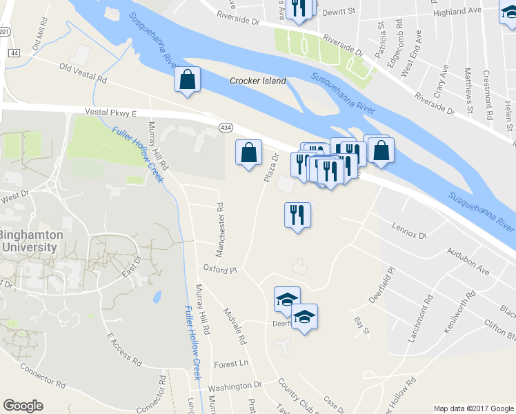 map of restaurants, bars, coffee shops, grocery stores, and more near Plaza Drive in Vestal