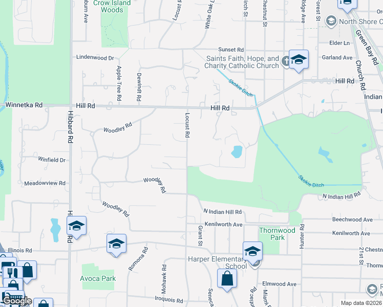 map of restaurants, bars, coffee shops, grocery stores, and more near 75 Locust Road in Winnetka