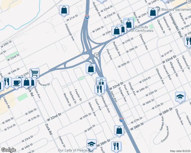 map of restaurants, bars, coffee shops, grocery stores, and more near 2913 Pittsburgh Avenue in Erie