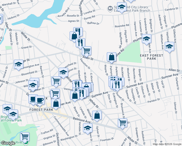 map of restaurants, bars, coffee shops, grocery stores, and more near 106 East Alvord Street in Springfield