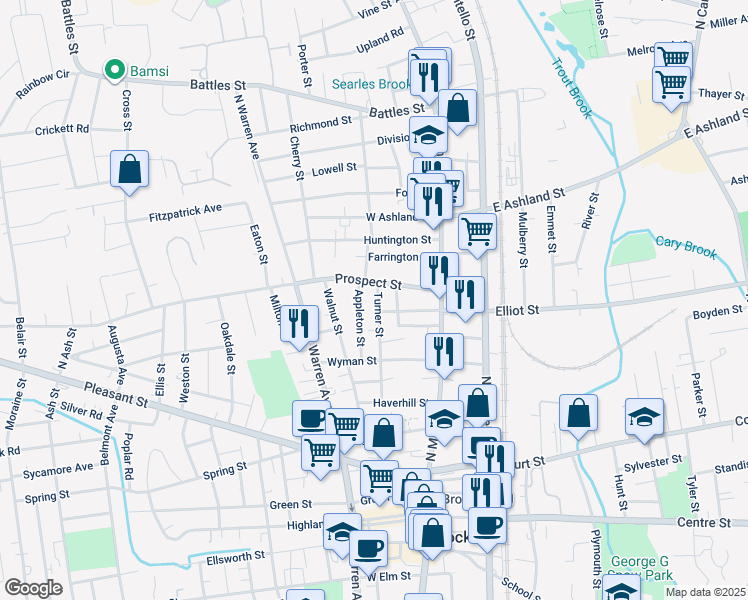 map of restaurants, bars, coffee shops, grocery stores, and more near 54 Prospect Street in Brockton