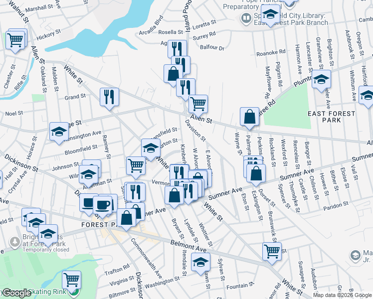 map of restaurants, bars, coffee shops, grocery stores, and more near 140 West Alvord Street in Springfield