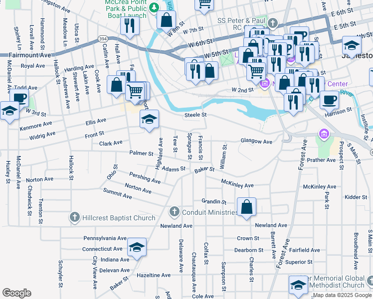 map of restaurants, bars, coffee shops, grocery stores, and more near 13 Tew Street in Jamestown