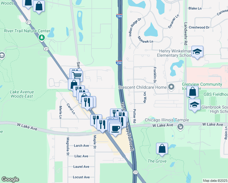 map of restaurants, bars, coffee shops, grocery stores, and more near 3620 Greenleaf Lane in Northbrook