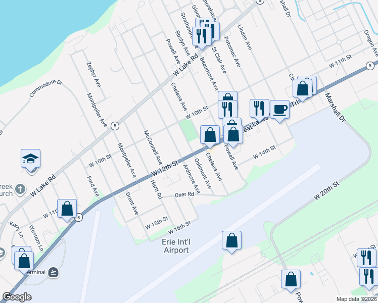 map of restaurants, bars, coffee shops, grocery stores, and more near 1110 Oakmont Avenue in Erie
