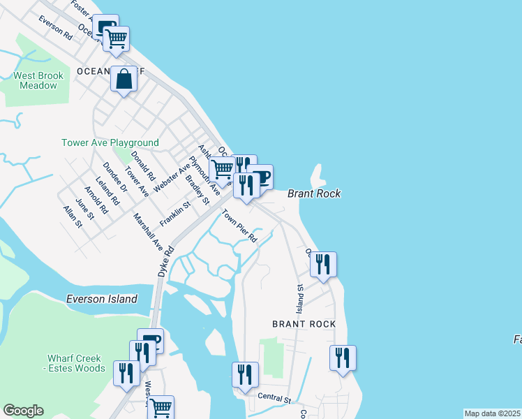 map of restaurants, bars, coffee shops, grocery stores, and more near 11 Middle Street in Marshfield