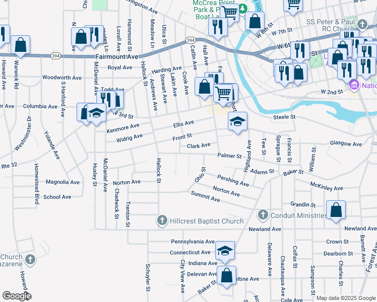 map of restaurants, bars, coffee shops, grocery stores, and more near 516 Palmer Street in Jamestown