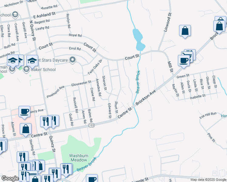 map of restaurants, bars, coffee shops, grocery stores, and more near 93 Edward Street in Brockton