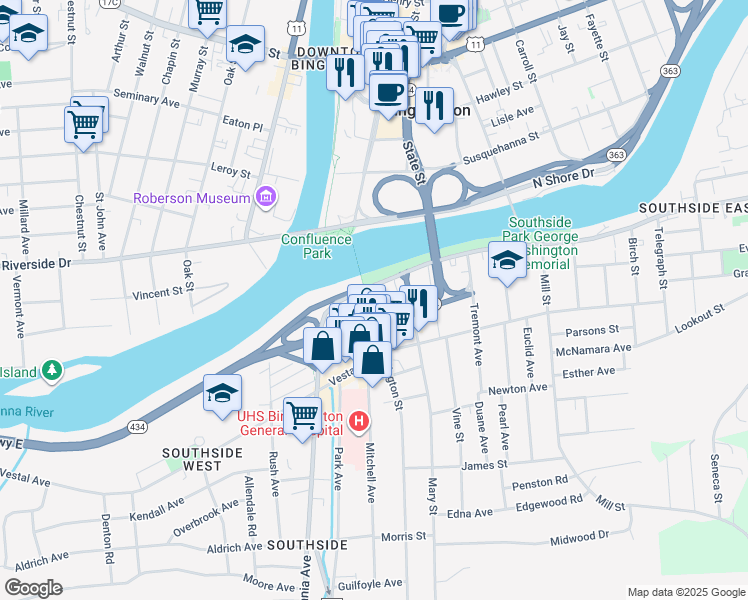 map of restaurants, bars, coffee shops, grocery stores, and more near 22 Conklin Avenue in Binghamton