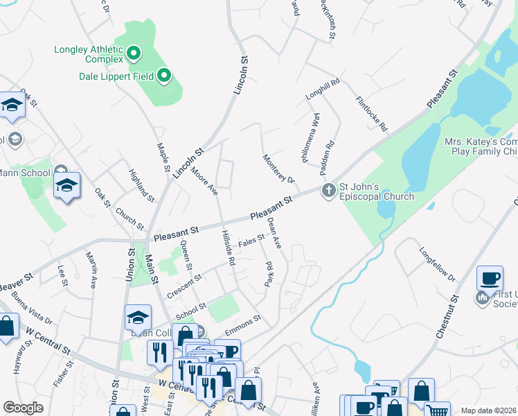 map of restaurants, bars, coffee shops, grocery stores, and more near 148 Pleasant Street in Franklin