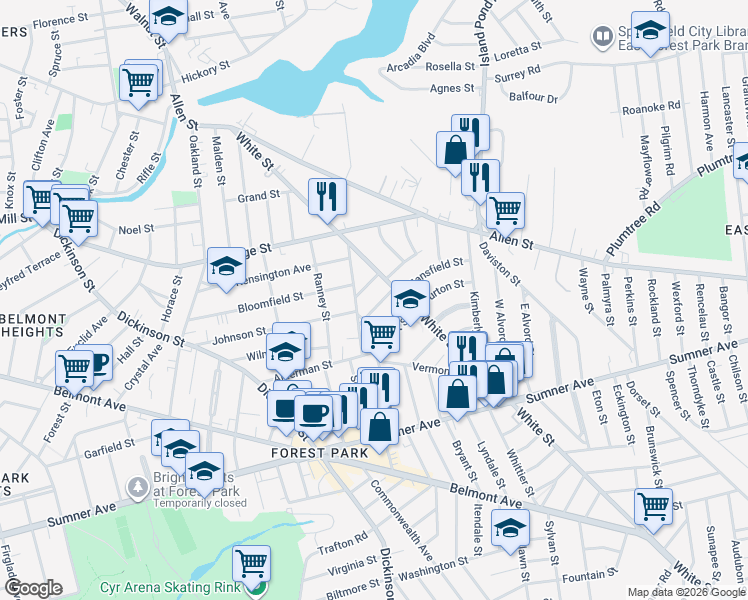 map of restaurants, bars, coffee shops, grocery stores, and more near 248 White Street in Springfield