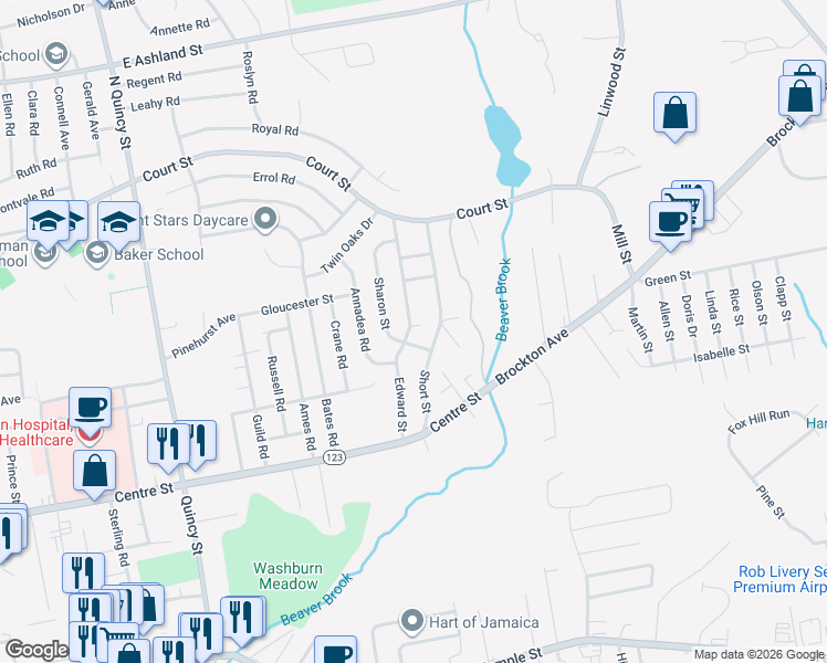 map of restaurants, bars, coffee shops, grocery stores, and more near 93 Edward Street in Brockton