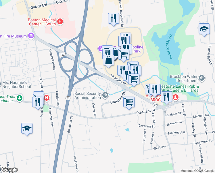 map of restaurants, bars, coffee shops, grocery stores, and more near 50 Christy's Place in Brockton