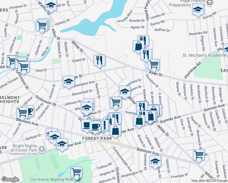 map of restaurants, bars, coffee shops, grocery stores, and more near 248 White Street in Springfield