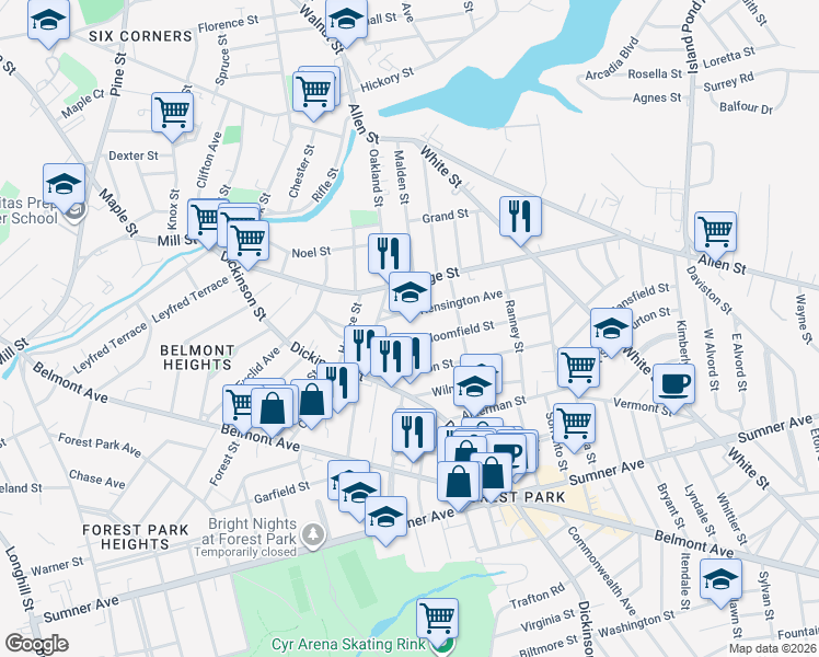 map of restaurants, bars, coffee shops, grocery stores, and more near 51 Kensington Avenue in Springfield