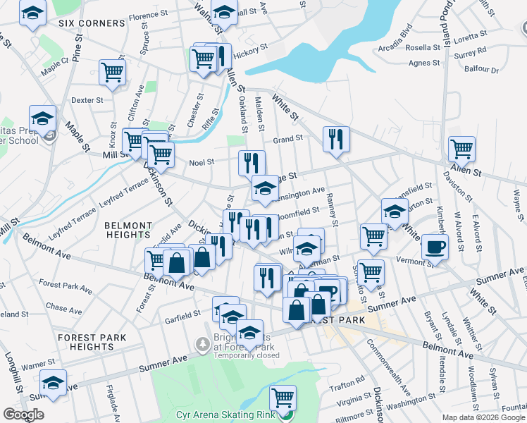 map of restaurants, bars, coffee shops, grocery stores, and more near 9 Kensington Avenue in Springfield