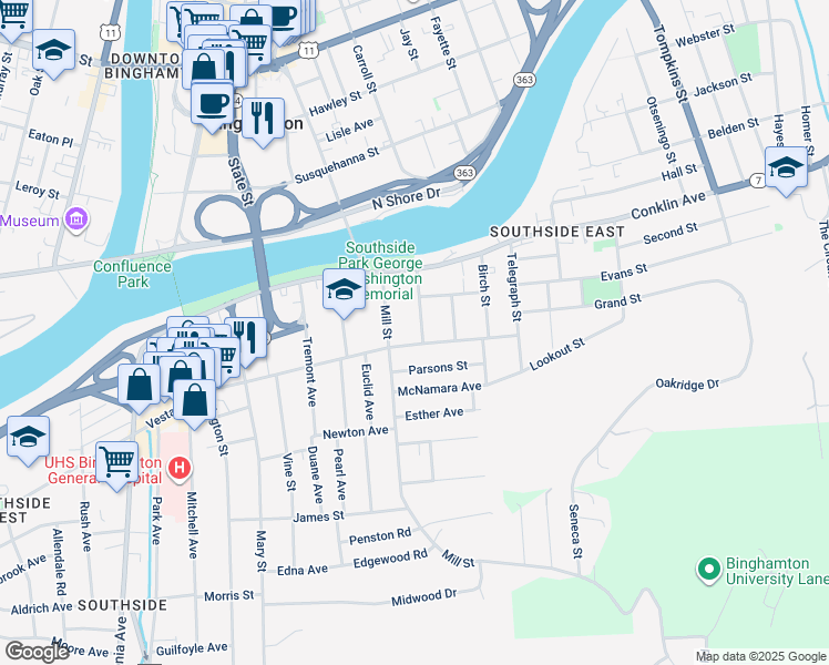 map of restaurants, bars, coffee shops, grocery stores, and more near 17 Mill Street in Binghamton
