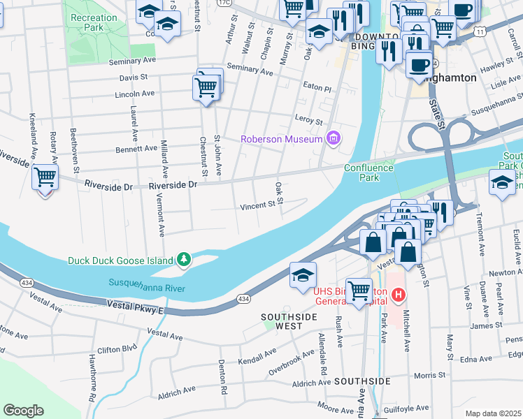 map of restaurants, bars, coffee shops, grocery stores, and more near 8 Vincent Street in Binghamton