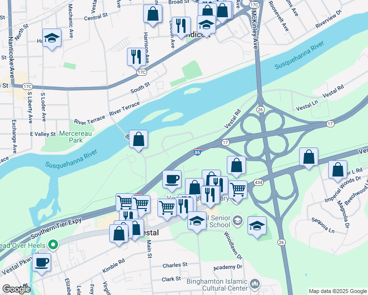 map of restaurants, bars, coffee shops, grocery stores, and more near 116-198 Vestal Rd in Broome