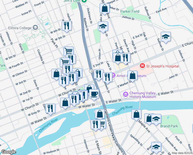 map of restaurants, bars, coffee shops, grocery stores, and more near in Elmira