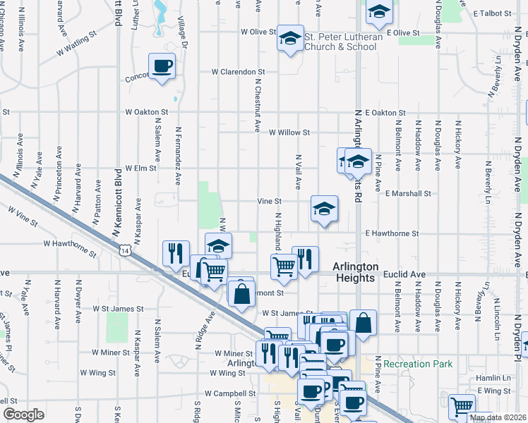map of restaurants, bars, coffee shops, grocery stores, and more near 736 North Highland Avenue in Arlington Heights