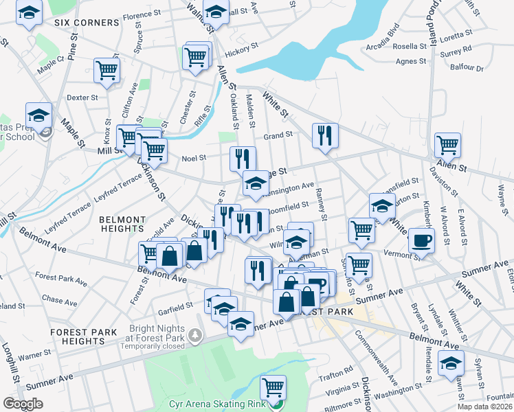 map of restaurants, bars, coffee shops, grocery stores, and more near 31 Kensington Avenue in Springfield