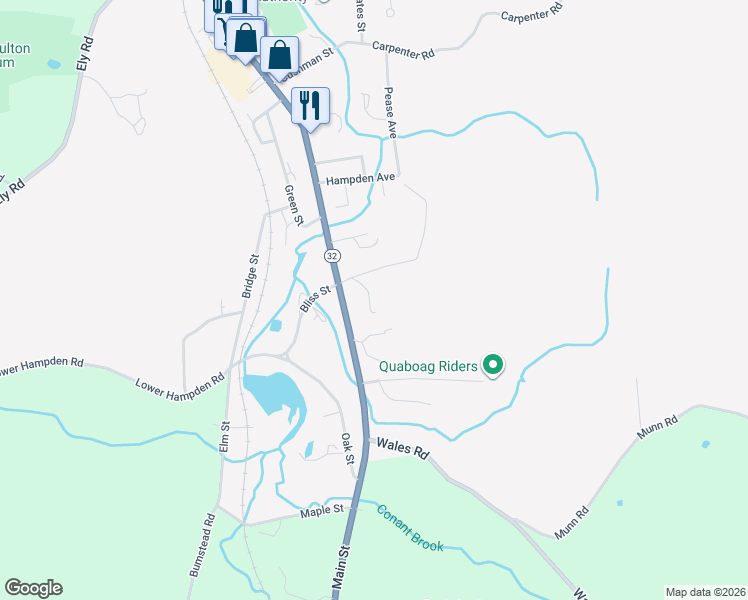 map of restaurants, bars, coffee shops, grocery stores, and more near 17 Reynolds Avenue in Monson