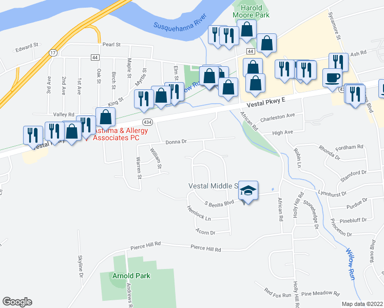 map of restaurants, bars, coffee shops, grocery stores, and more near 308 West Benita Boulevard in Vestal