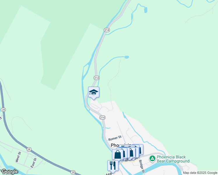 map of restaurants, bars, coffee shops, grocery stores, and more near School Lane in Phoenicia