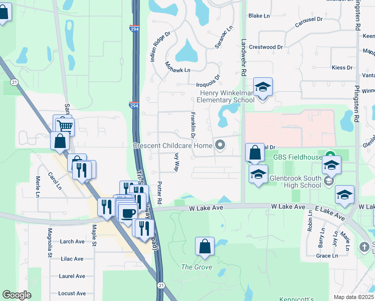 map of restaurants, bars, coffee shops, grocery stores, and more near 4313 Hammersmith Lane in Glenview