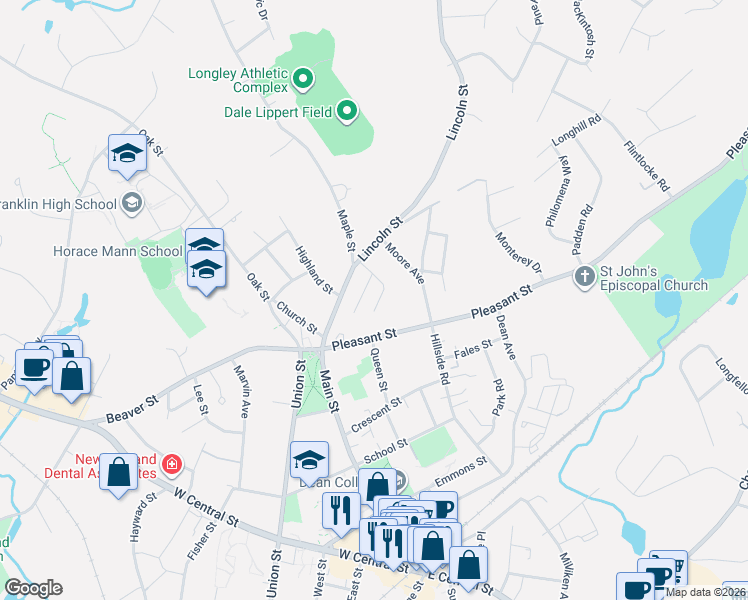map of restaurants, bars, coffee shops, grocery stores, and more near 9 Garden Street in Franklin