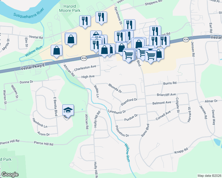 map of restaurants, bars, coffee shops, grocery stores, and more near 2448 Rhonda Drive in Vestal