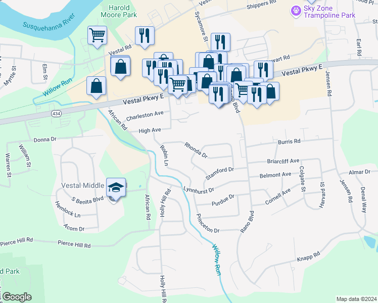 map of restaurants, bars, coffee shops, grocery stores, and more near 396 Clarkson Drive in Vestal