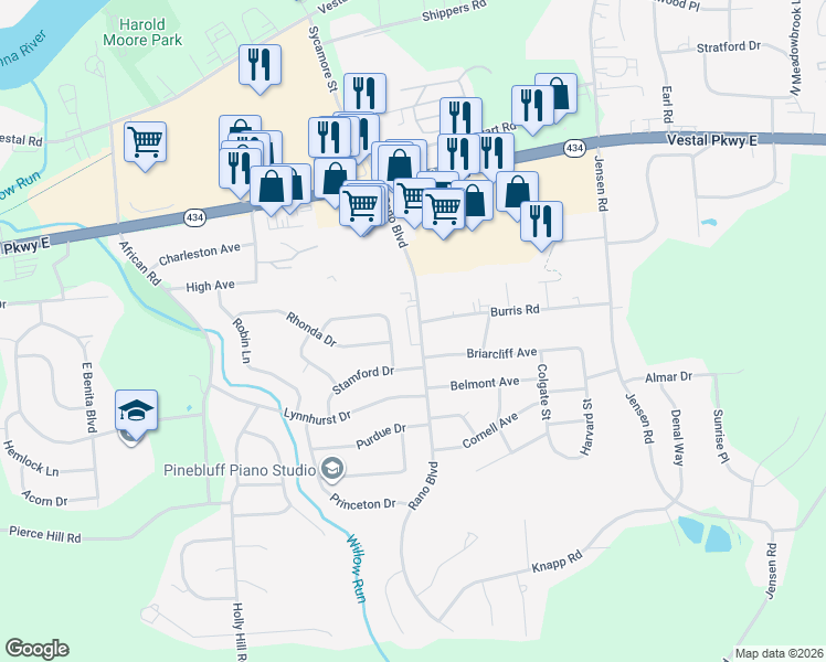 map of restaurants, bars, coffee shops, grocery stores, and more near 333 Fordham Road in Vestal
