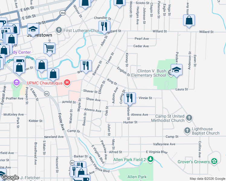 map of restaurants, bars, coffee shops, grocery stores, and more near 22 Auburn Avenue in Jamestown