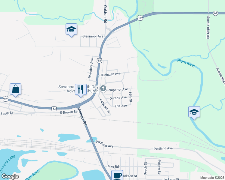 map of restaurants, bars, coffee shops, grocery stores, and more near 1698 Superior Avenue in Savanna