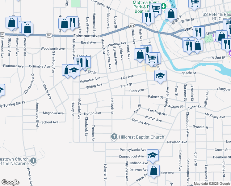 map of restaurants, bars, coffee shops, grocery stores, and more near 493 Front Street in Jamestown