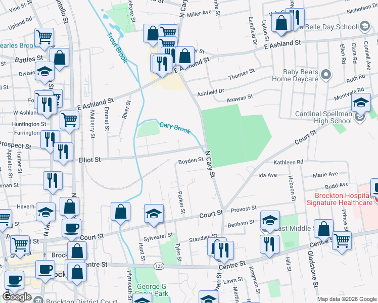 map of restaurants, bars, coffee shops, grocery stores, and more near 221 Elliot Street in Brockton
