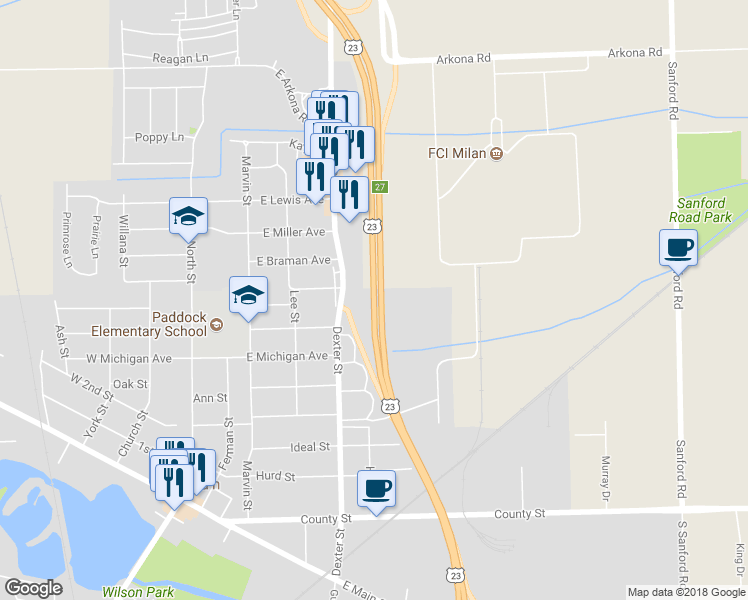 map of restaurants, bars, coffee shops, grocery stores, and more near U.S. 23 in Milan