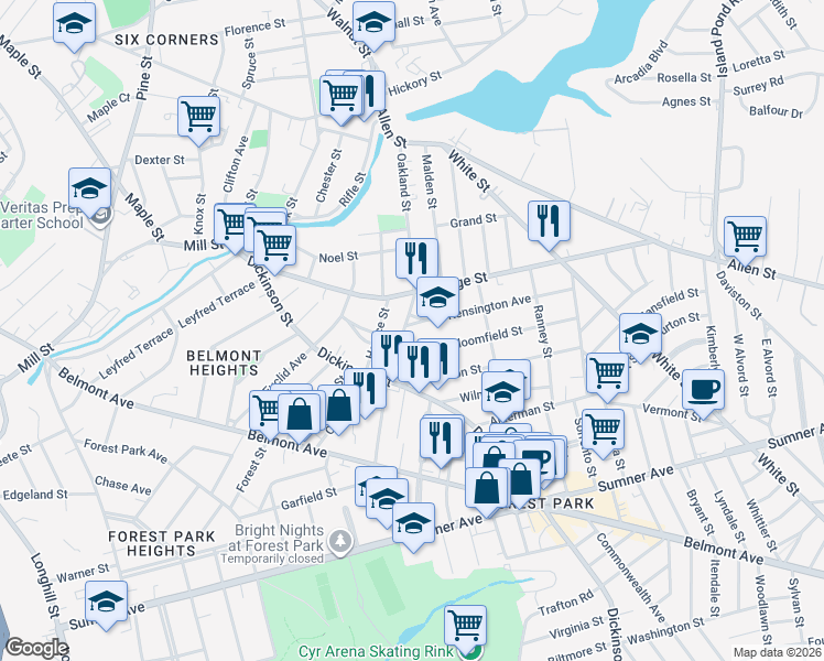 map of restaurants, bars, coffee shops, grocery stores, and more near 9 Kensington Avenue in Springfield