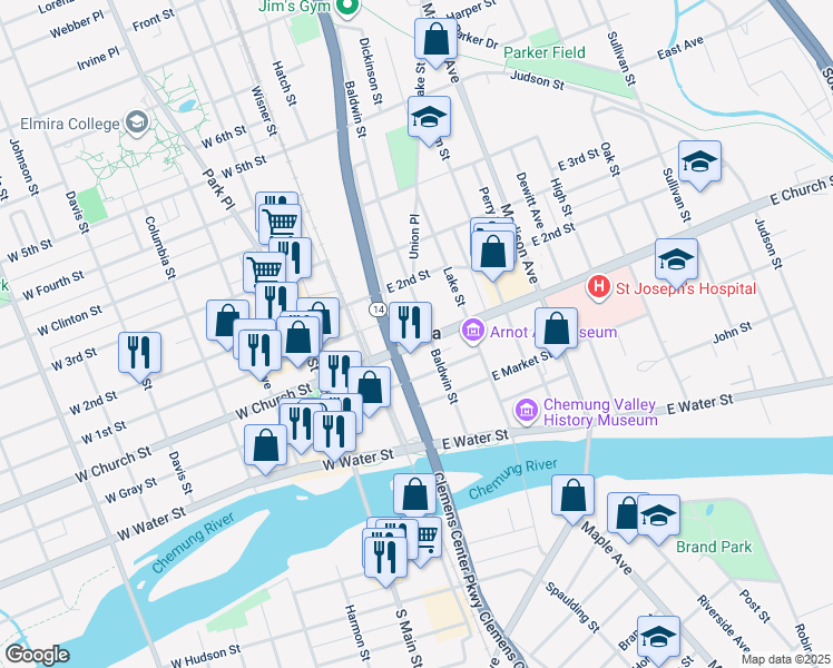 map of restaurants, bars, coffee shops, grocery stores, and more near in Elmira