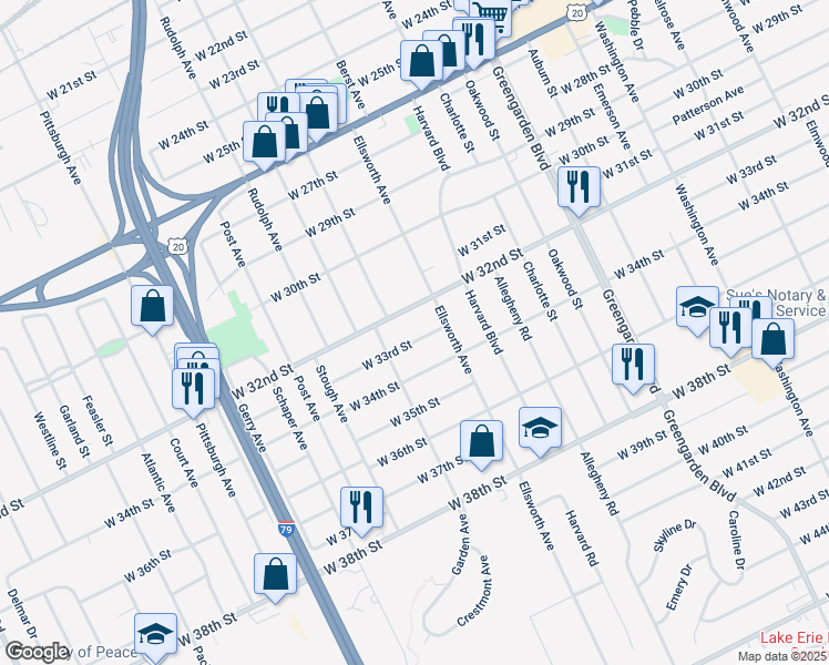 map of restaurants, bars, coffee shops, grocery stores, and more near 1841 W 32nd St in Erie