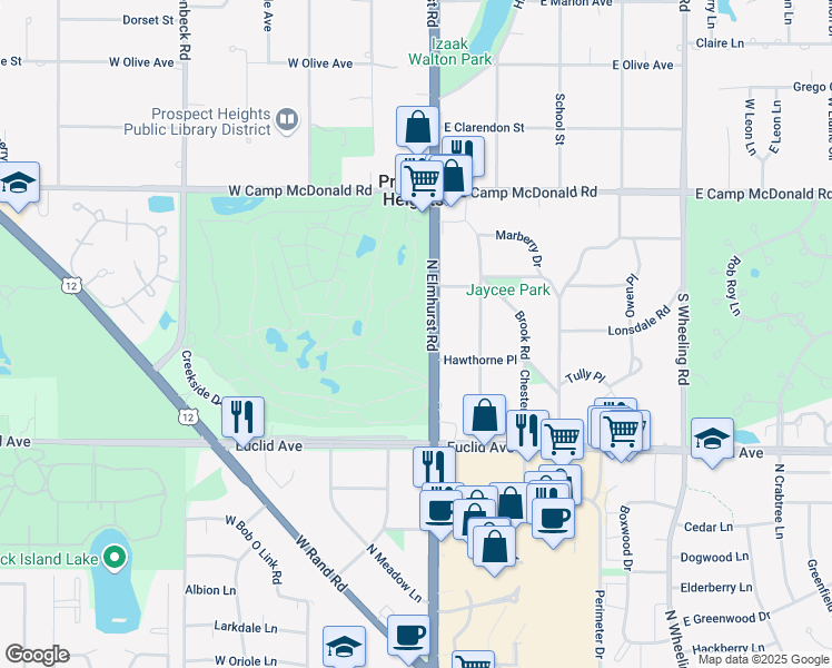 map of restaurants, bars, coffee shops, grocery stores, and more near 1400 North Elmhurst Road in Mount Prospect