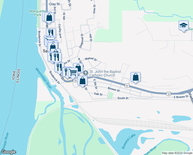 map of restaurants, bars, coffee shops, grocery stores, and more near 408-430 Chicago Avenue in Savanna