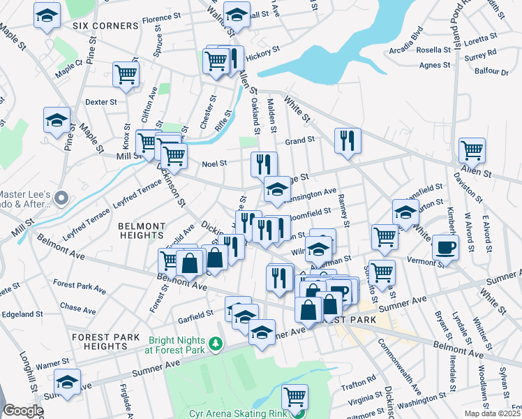 map of restaurants, bars, coffee shops, grocery stores, and more near 225 Oakland Street in Springfield